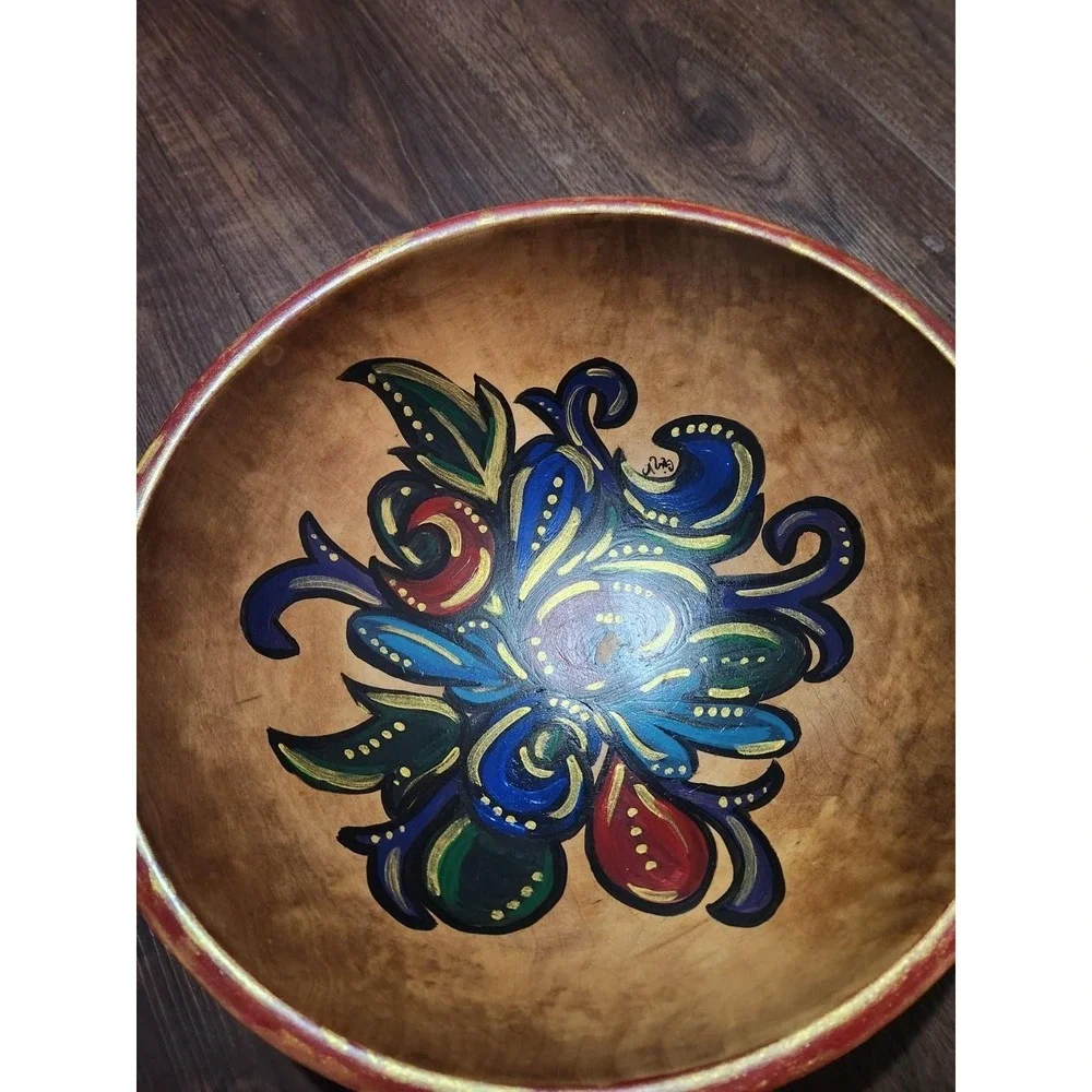 Hand Painted Wooden Decorative Bowl Large Brown Floral Rustic Primitive Unmarked